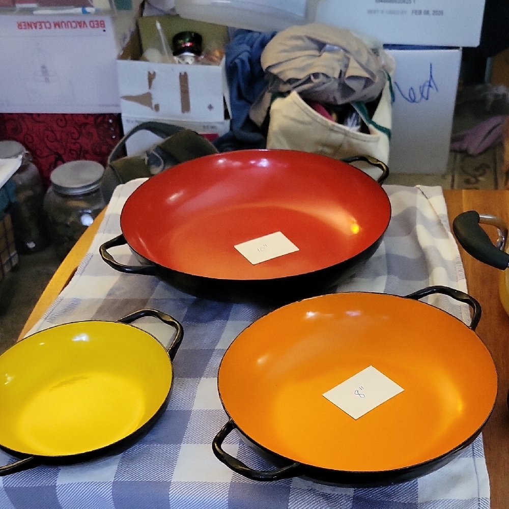 Red and Orange Enameled Cookware Set with Handles